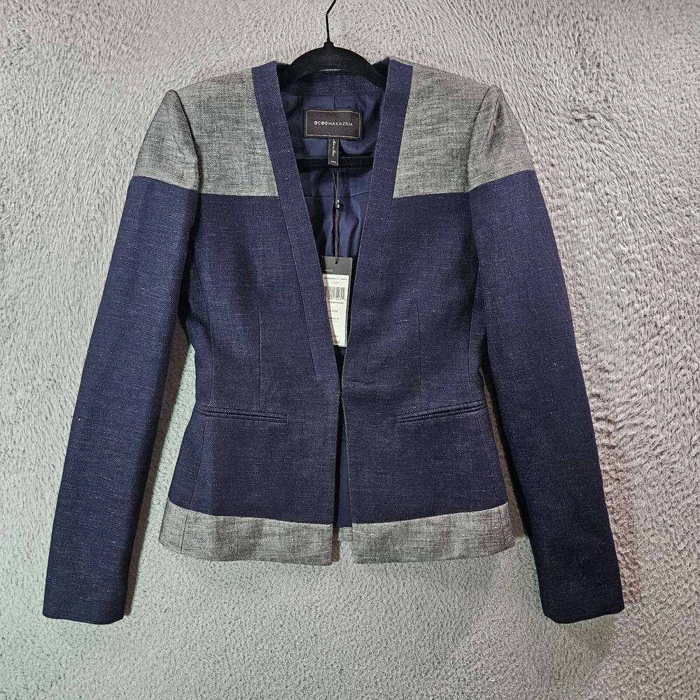 $268 NWT BCBGMaxazria Suit Blazer Jacket Women XXS Cotton Linen Navy Gray‎ NEW - Picture 6 of 16